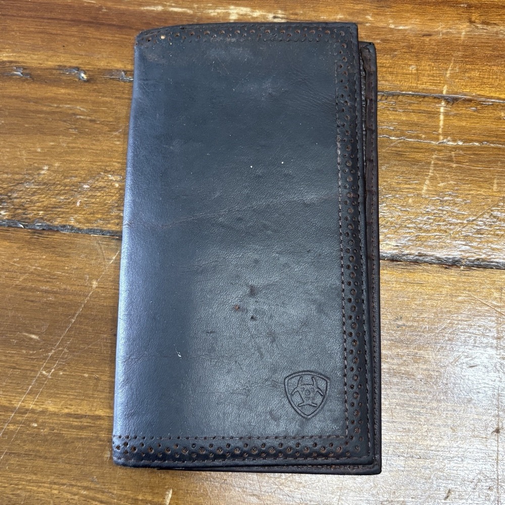 Ariat Rodeo Leather Wallet Checkbook Cover Dark Brown Mens Embroidered Pebbled